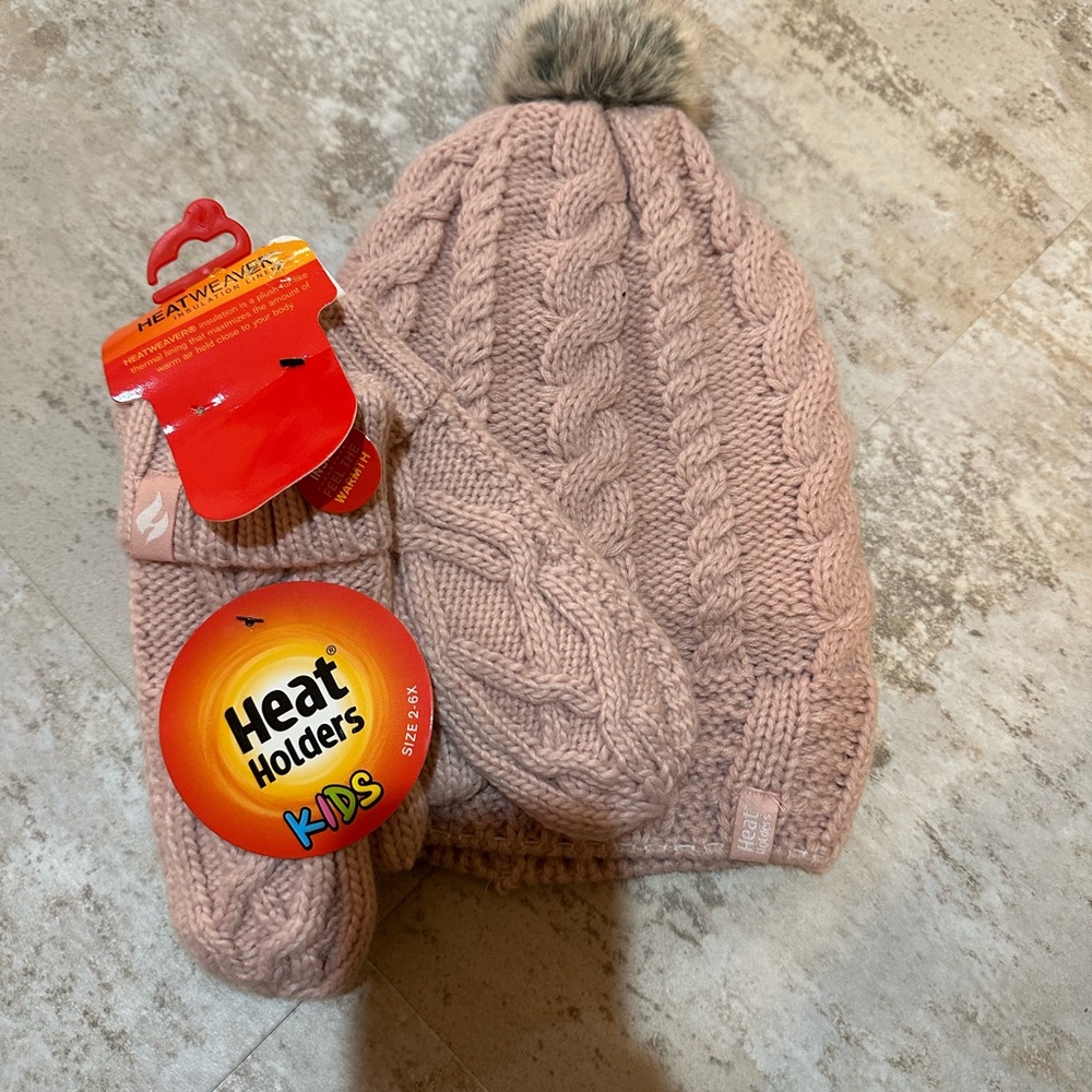 Pink Cable Knit Hat and Mittens Set